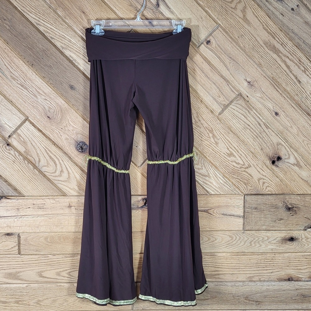 Vtg Vanity Wide Leg 80s Flare Pants Womens M Brown Gold Tinsel Trim Boho JP940